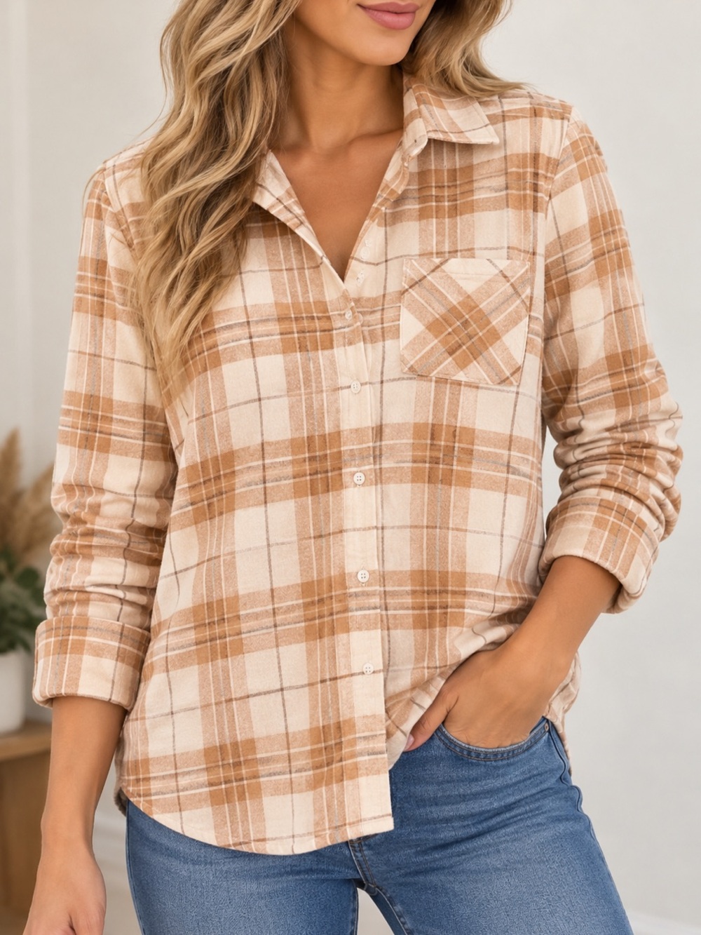 Urban Weekend Relaxed Plaid Button Down Shirt Cream & Tan